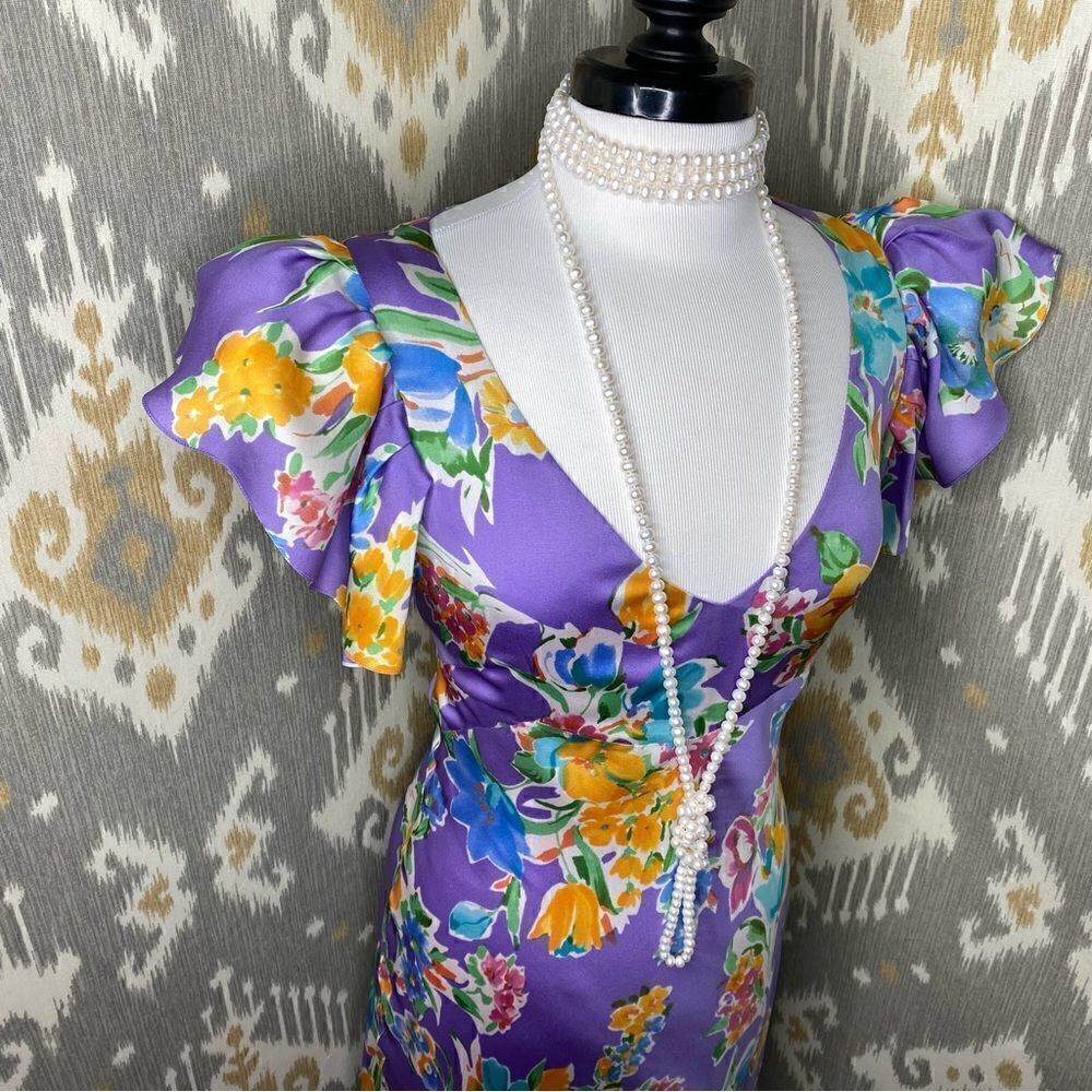 Ralph Lauren Resort Collection Purple Silk Watercolor Floral Midi Dress